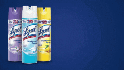Three Lysol Disinfectant Spray Cans On Blue Background GIF
