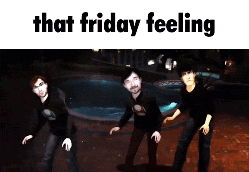 Three Men Are Dancing In Front Of A Pool With The Words That Friday Feeling Below Them GIF