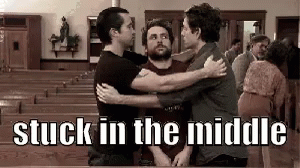Three Men Are Hugging Each Other In A Church With The Words Stuck In The Middle Above Them . GIF