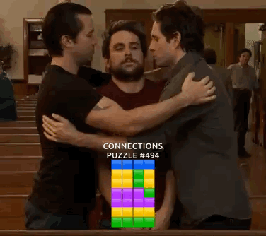 Three Men Are Hugging Each Other In Front Of A Puzzle That Says Connections Puzzle # 493 . GIF