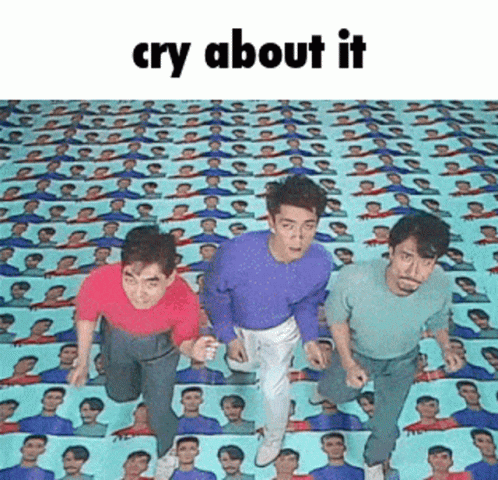 Three Men Are Running In Front Of A Wall Of Portraits With The Words Cry About It Above Them GIF
