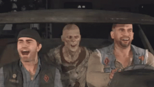 Three Men Are Sitting In A Car And One Of Them Has A Patch On His Vest That Says ' A.m. ' GIF