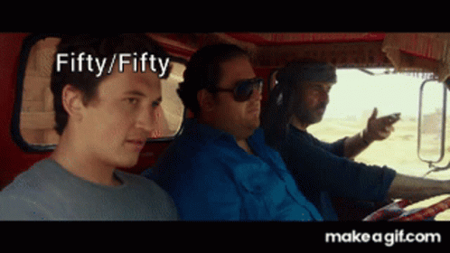 Three Men Are Sitting In A Car With The Words Fifty Fifty Written Above Them GIF