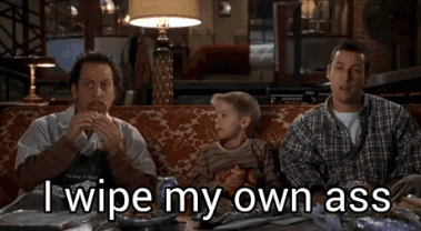 Three Men Are Sitting On A Couch With The Words I Wipe My Own Ass GIF
