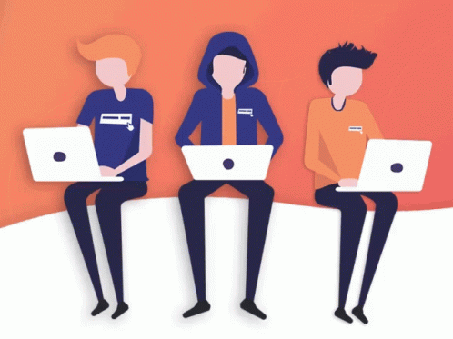Three Men Are Sitting On A Wall With Laptops And One Has A Shirt That Says ' A ' On It GIF