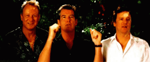 Three Men Are Standing Next To Each Other And One Of Them Is Pointing At Something . GIF