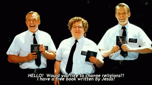 Three Men Are Standing Next To Each Other And One Of Them Is Saying Hello Would You Like To Change Religions ? GIF