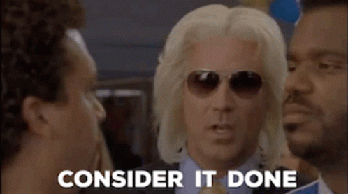 Three Men Are Standing Next To Each Other And One Of Them Is Wearing Sunglasses And A Wig . GIF