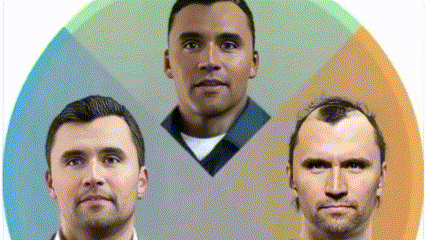 Three Men Are Standing Next To Each Other In A Circle With Their Faces Showing Different Stages Of Hair Loss . GIF