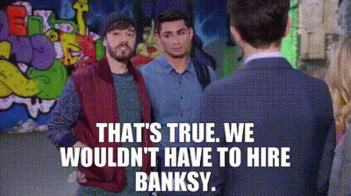 Three Men Are Standing Next To Each Other In Front Of A Graffiti Wall And A Woman . GIF