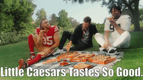 Three Men Eating Pizza Saying Little Caesars Tastes So Good