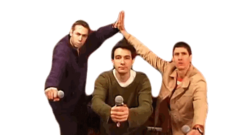 Three Men Giving High Fives with Microphones