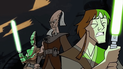 Three Men Holding Lightsabers with E