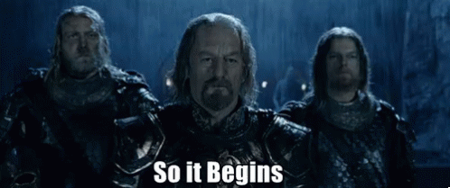 Three Men In Armor Are Standing Next To Each Other With The Words So It Begins Written On The Bottom GIF