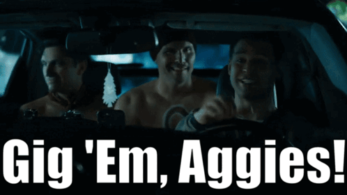 Three Men in Car Saying Gig Em Aggies