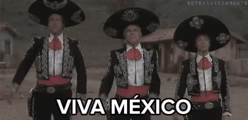 Three Men In Mariachi Costumes Dancing In A Line Viva Mexico GIF
