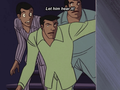 Three Men In Pajamas Are Standing Next To Each Other With The Words Let Him Hear It Above Them GIF