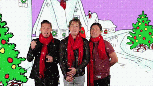 Three Men in Scarves Before Christmas Scene