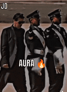 Three Men In Suits And Hats Are Walking In A Line With Aura Written On The Bottom Of The Image GIF