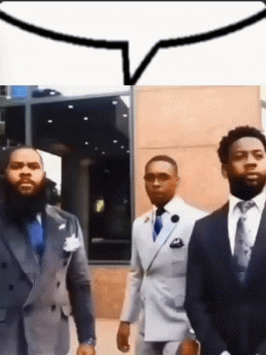 Three Men In Suits And Ties Are Standing In Front Of A Building With A Speech Bubble Above Them GIF