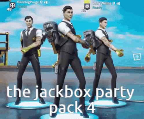 Three Men In Suits Are Standing Next To Each Other With The Words The Jackbox Party Pack 4 Above Them GIF
