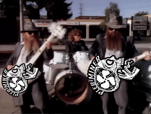 Three Men Playing Drums And Guitars With Pleb Miner Logo GIF