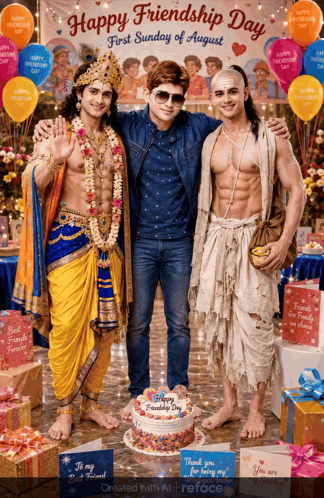 Three Men Pose For A Picture In Front Of A Happy Friendship Day Banner GIF