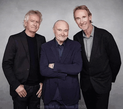 Three Men Standing Next To Each Other With Genesis Reunion 2020 On The Bottom Right GIF