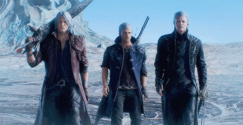 Three Men Standing Next To Each Other With Guns In Their Hands GIF