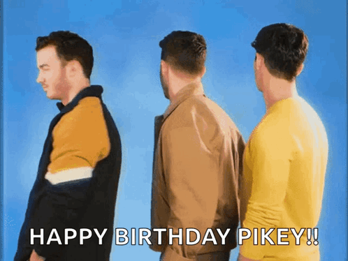 Three Men Standing Saying Happy Birthday Pikey GIF