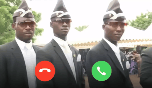 Three Men Wearing Coffin Hats Are Standing Next To Each Other GIF