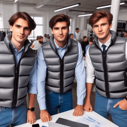 Three Men Wearing Vests Are Standing Next To Each Other GIF