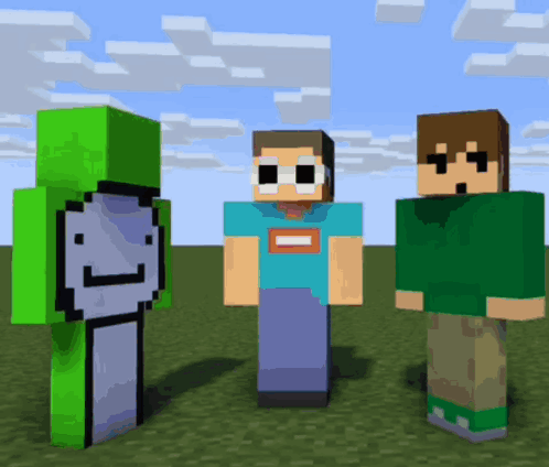 Three Minecraft Characters Are Standing Next To Each Other In A Field . GIF