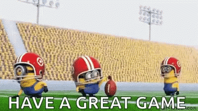 Three Minions Are Playing Football On A Field With The Words `` Have A Great Game '' Above Them . GIF