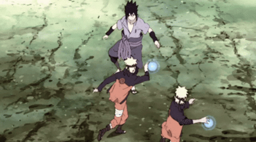 Three Naruto Fighting Sasuke Alone GIF