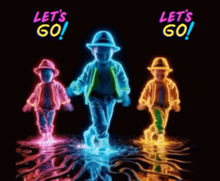 Three Neon Children Are Dancing With The Words Let 'S Go In The Background GIF