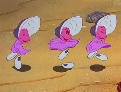 Three Oysters From Alice In Wonderland Are Dancing On A Beach GIF