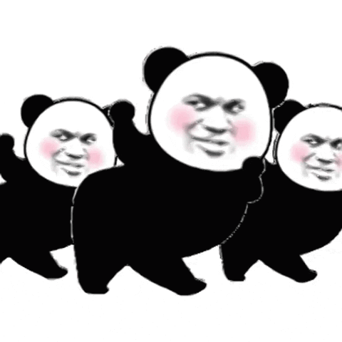 Three Panda Bears Are Walking In A Line With Their Faces On Their Bodies . GIF