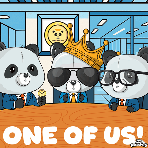 Three Panda Bears Sitting at Table Saying One of Us