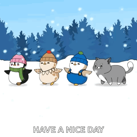 Three Penguins And Cat Dancing In Snow GIF