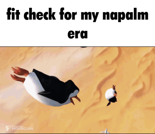 Three Penguins Are Flying In The Air With The Words Fit Check For My Napalm Era Below Them GIF