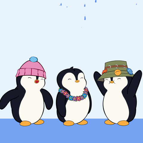 Three Penguins Are Standing In The Rain One Wearing A Pink Hat And One Wearing A Green Hat GIF