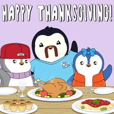 Three Penguins At Table With Happy Thanksgiving GIF