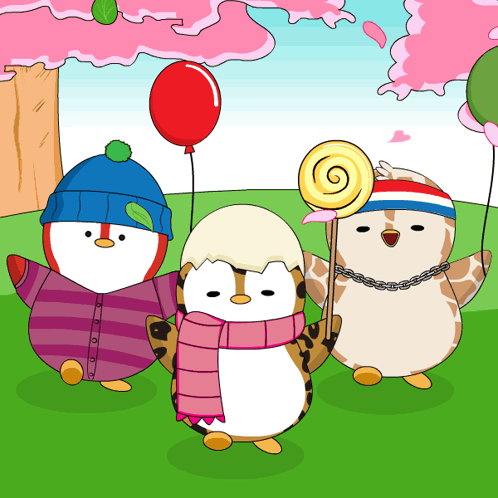 Three Penguins Holding Balloons And Lollipops GIF