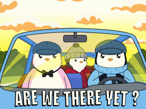Three Penguins In A Car With The Words " Are We There Yet " On The Bottom GIF