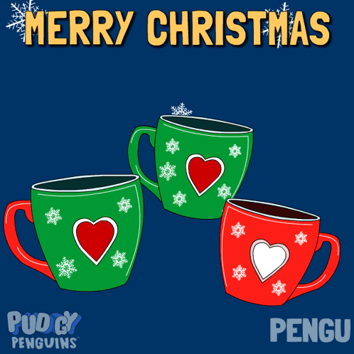 Three Penguins In Cups With The Words Merry Christmas Written Above Them GIF