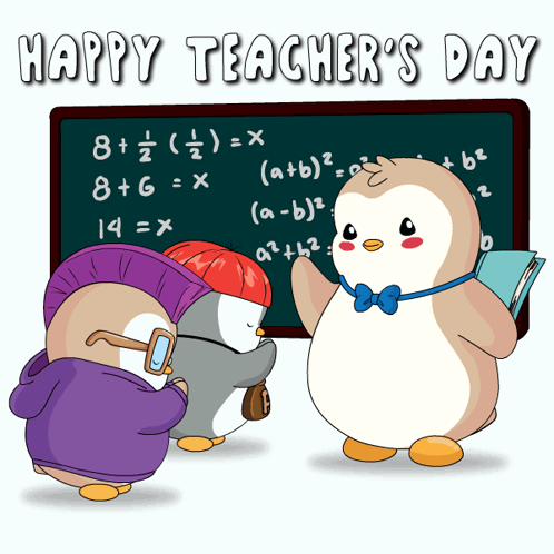 Three Penguins in Front of Blackboard Happy Teacher's Day