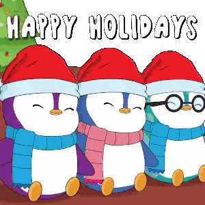 Three Penguins in Santa Hats Happy Holidays