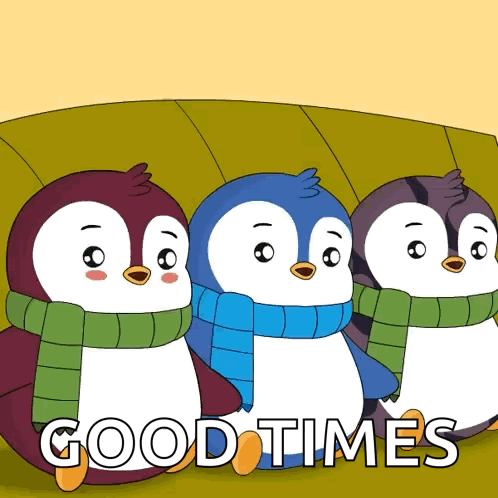 Three Penguins in Scarves Saying Good Times