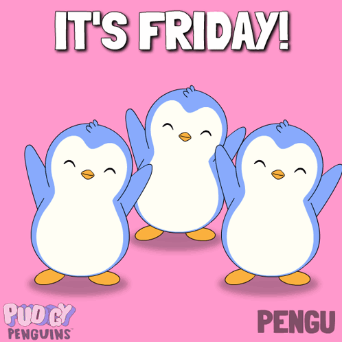 Three Penguins On A Pink Background With The Words It 'S Friday Pengu GIF